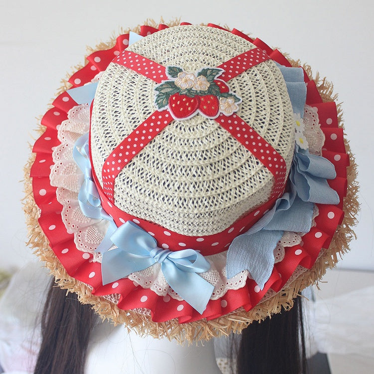 Applique Strawberry Red Details Straw Ruffles Hat Trim Bowknot