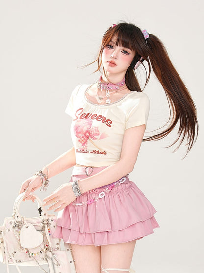Trim Sweet Lollipop Print Lace T-Shirt Pink/Apricot Glamorous Cropped