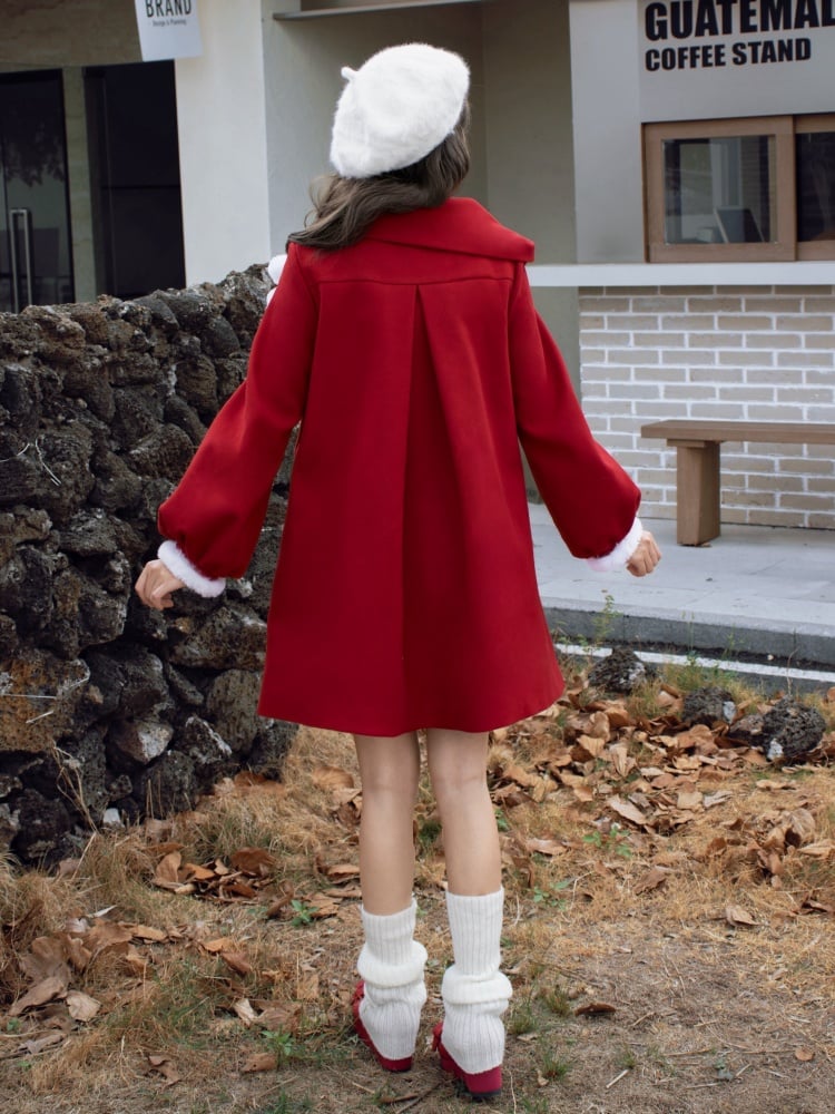 Pompoms Scarf Collar Red  New Year Outfit Woolen Coat Plush Trim Cuffs