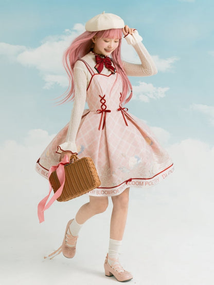 Pink and Red Trim Lace-up Front Jumper Skirt + Apricot Long Sleeves Top