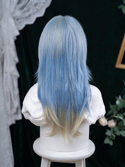 Straight Ombre 65CM Hime Color With Hair Air Cut Blue Bangs Length Wig