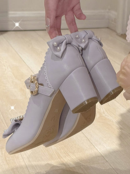 Janes Bowknot Lolita Details Perlen verziert Mary Strass Zehen rund und Schuhe lila