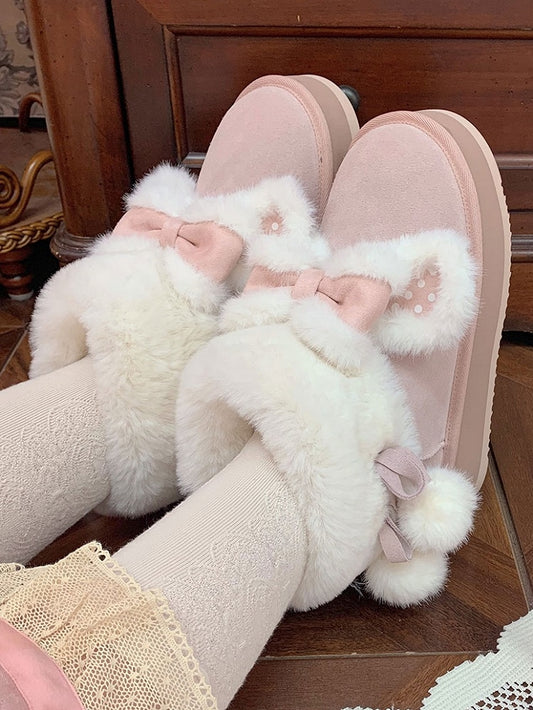 Sweet Winter Polka Boots - Platform Ears Rabbit Plush Lolita Pink Dot