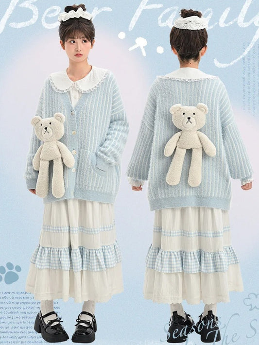 Cute Little Bear Plushie Adorned  Blue Striped Loose Cardigan
