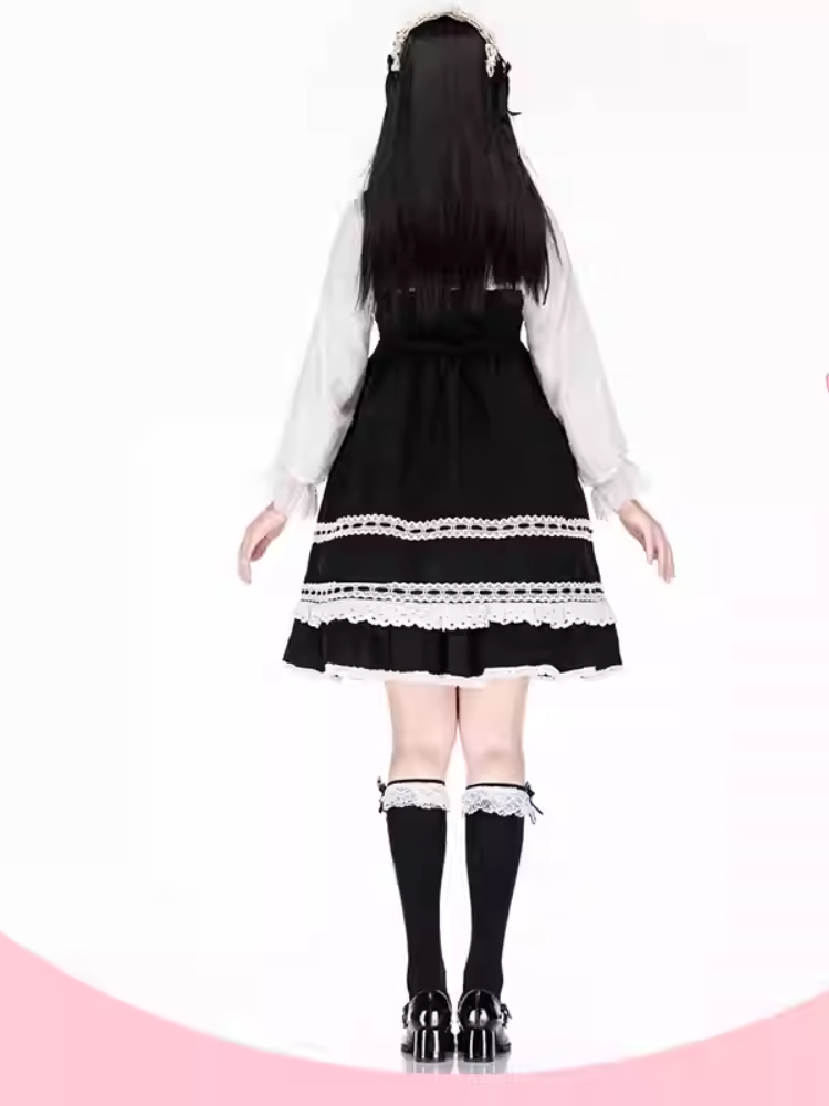 Black Ruffled Lace Cuff Printed Lolita  Under Knee Stockings