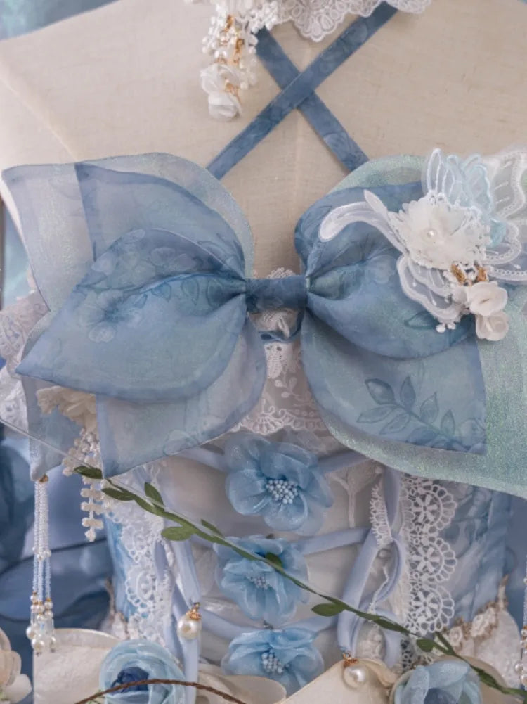 Full Princess Floral Butterfly Set Design Blue JSK Fairycore Lolita Dress