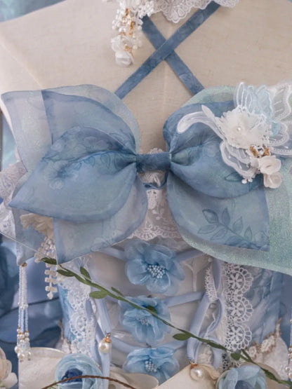 Full Princess Floral Butterfly Set Design Blue JSK Fairycore Lolita Dress