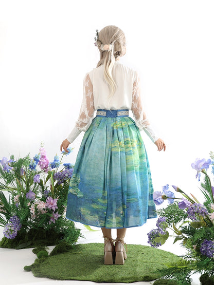 Lily Oil Painting Print Blue Green High Long/Short and Water Waist Skirt Version