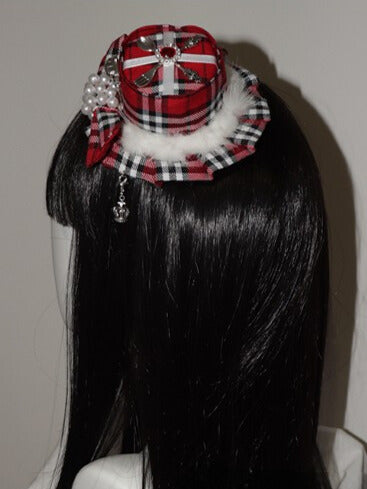 Bowknot Red Charm Mini Decorated Crown Pattern Plaid Hat Beaded