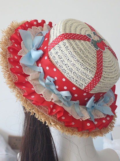 Applique Strawberry Red Details Straw Ruffles Hat Trim Bowknot