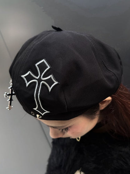 Punk Black Cross Applique Cross Chain Detail Beret