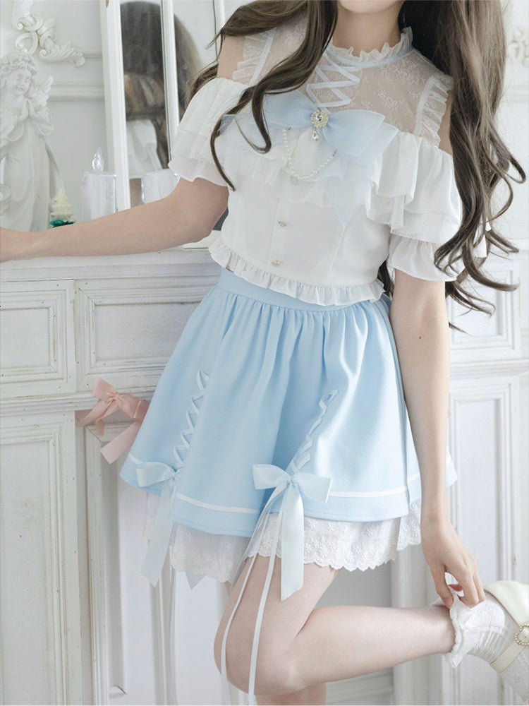 Illusion Skirt Shoulder Blue Criss-cross Open White Design Top+ Neckline Kei Set Jirai