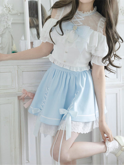 Illusion Skirt Shoulder Blue Criss-cross Open White Design Top+ Neckline Kei Set Jirai