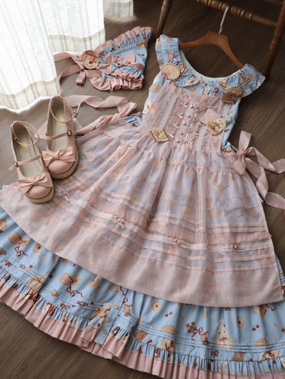 Print Cookie + Rosa Kopftuch Volles Lolita-Kleid Broschen Süße und Schürze Blau Set Dreieckiger Hamster