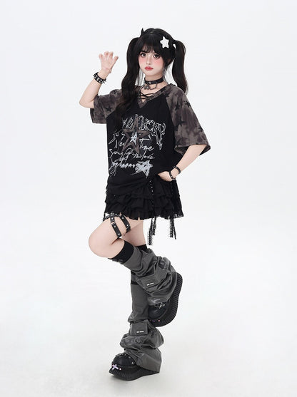 Design Lace-up V-Neck Star T-Shirt Loose Black Colorblock Print