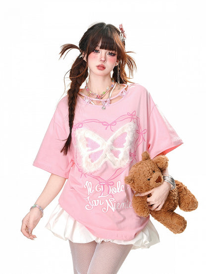 Butterfly Design Neckline Plush Butterfly Pink/Black Graphic T-shirt