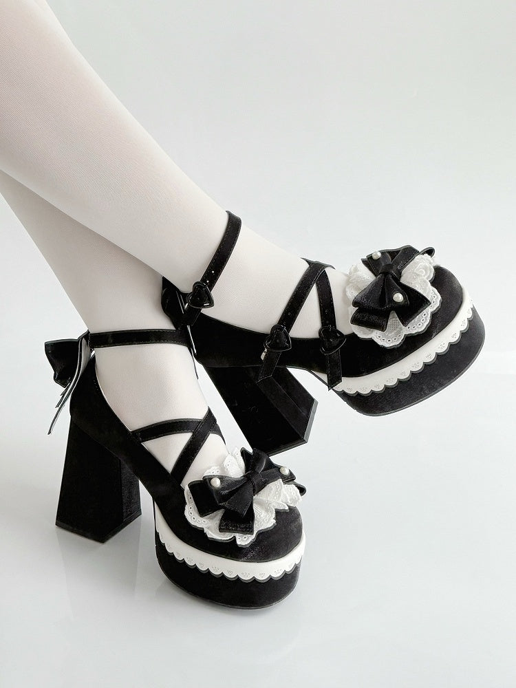 Embroidery Heels Fork Black Platform Buckle Block High Bowknot Lolita Lace Straps
