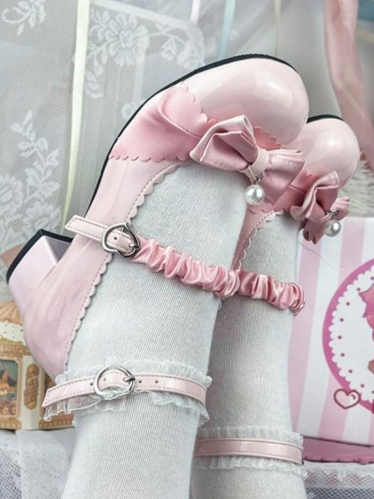 Pink Bowknot Heart Buckle Strap Lace Details Block Heel Lolita Mary Janes