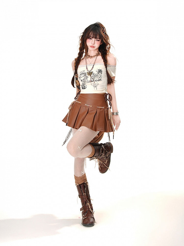 Apricot/Brown Off-the-shoulder Neckline Lace Trim Bear Print Glamorous Cropped T-Shirt