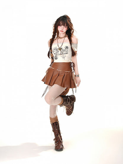 Apricot/Brown Off-the-shoulder Neckline Lace Trim Bear Print Glamorous Cropped T-Shirt