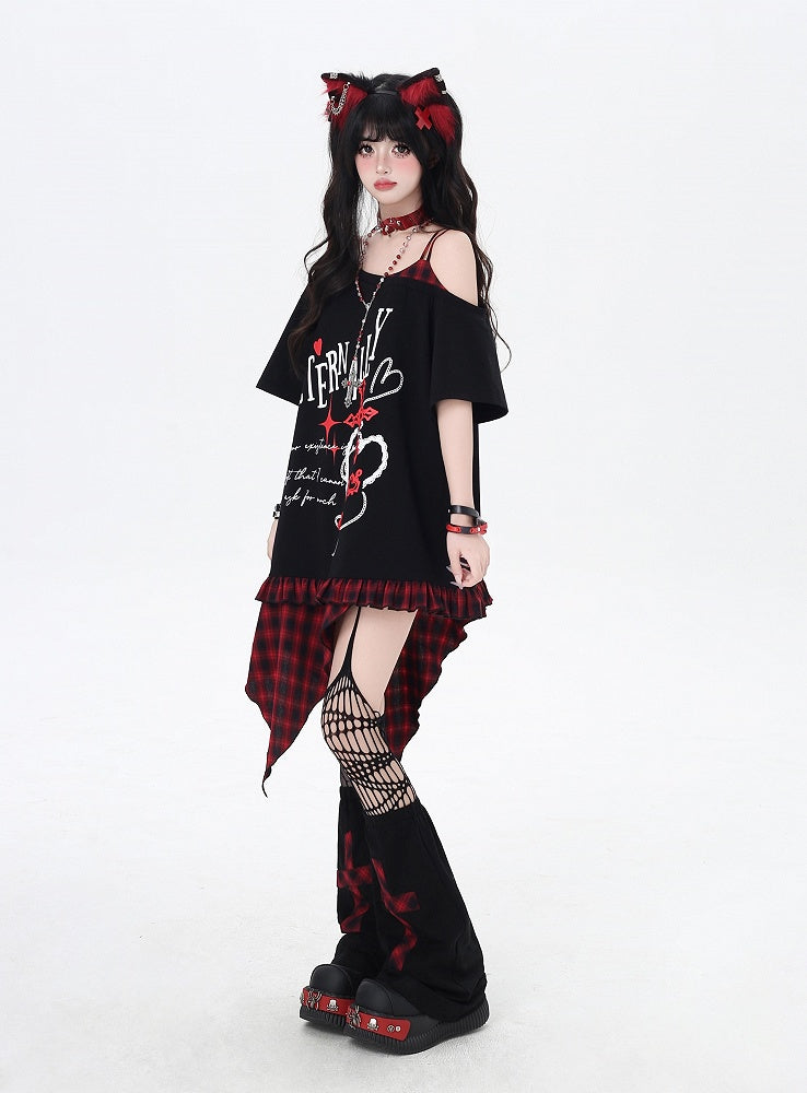 Asymmetrical Red/Purple Plaid Hem Black Punk Rock Graphic T-Shirt