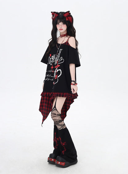 Asymmetrical Red/Purple Plaid Hem Black Punk Rock Graphic T-Shirt