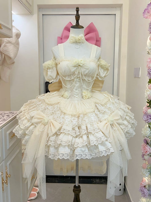 Hanayome Fairy Lolita Flower Basque Skirt Jumper Tiered Waist Hem Beige Dress