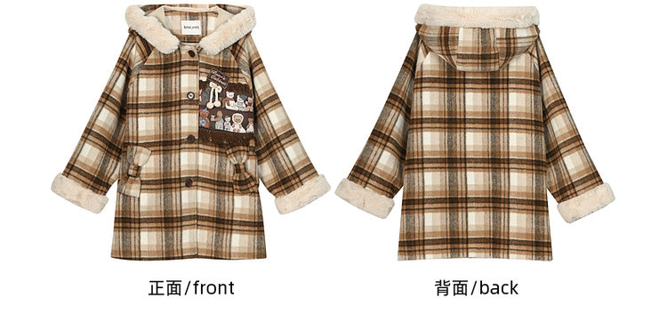 Brown Cute Little Bears Applique Plaid Hooded Woolen Coat Long Version