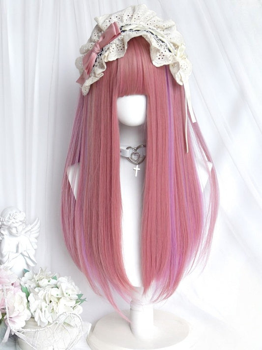 Straight Highlight And 60CM Pink Purple With Wig Full Bangs Length