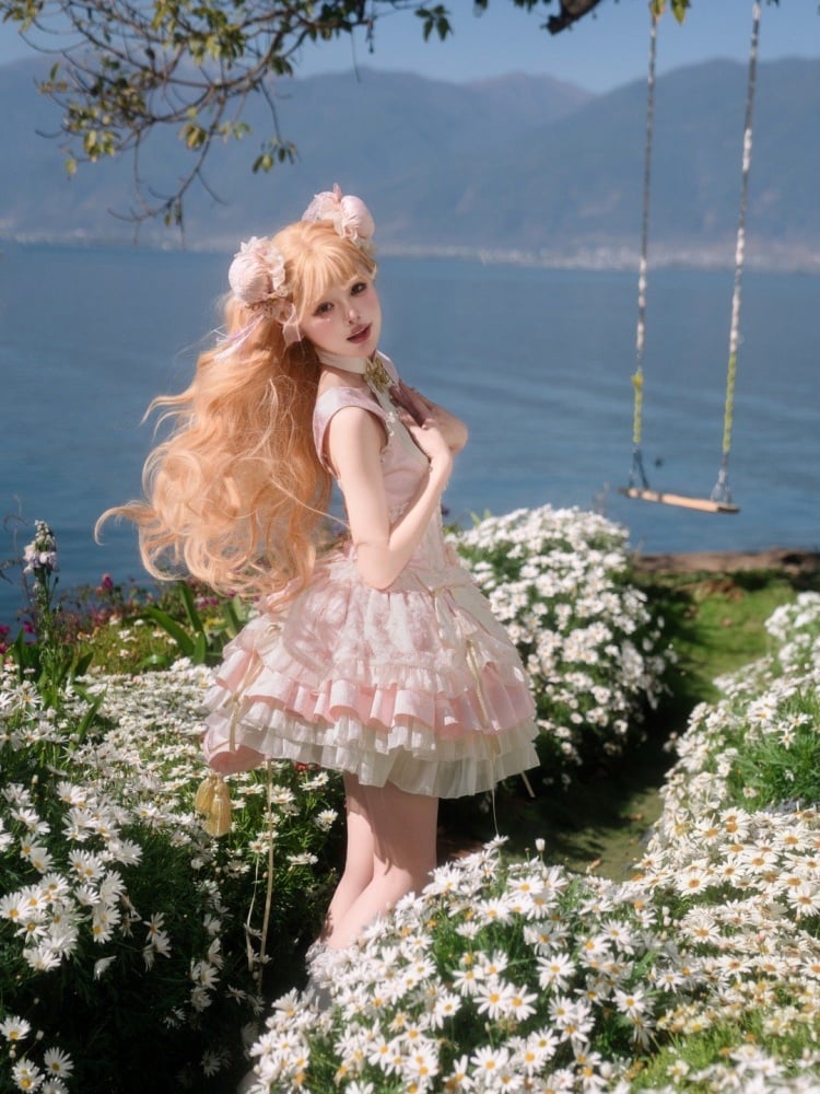 Robe Lolita Qi rose Sakura avec corset et gros nœud, tenue de festival des fleurs de cerisier