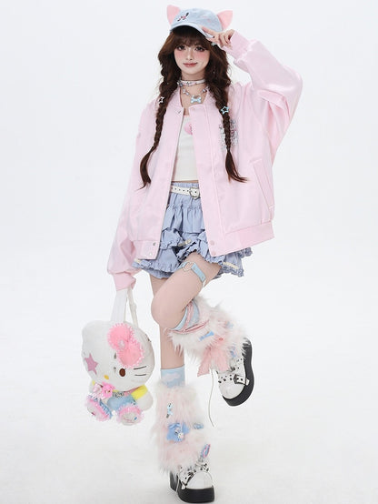 Light Blue/Pink Cats Spring Baseball Jacket