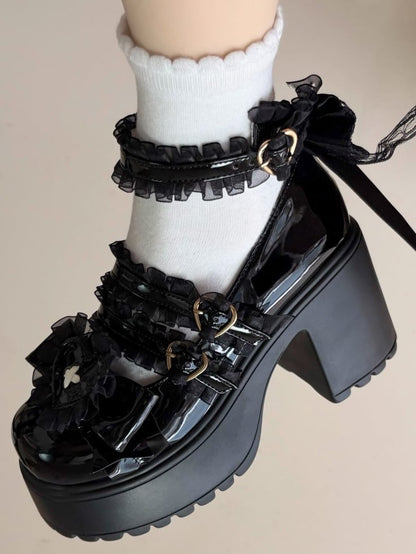 High Shoes Kei Style with Black Platform PU Heel Jirai Block Leather -