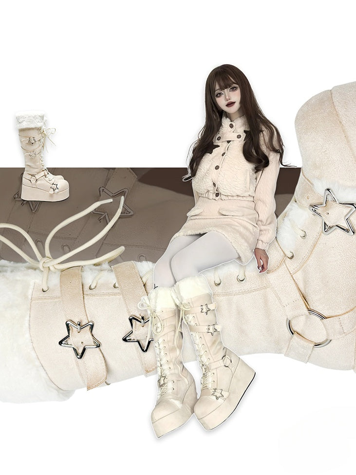 Y2K Creamy White Star Buckle Straps Plush Trim Platform Boots