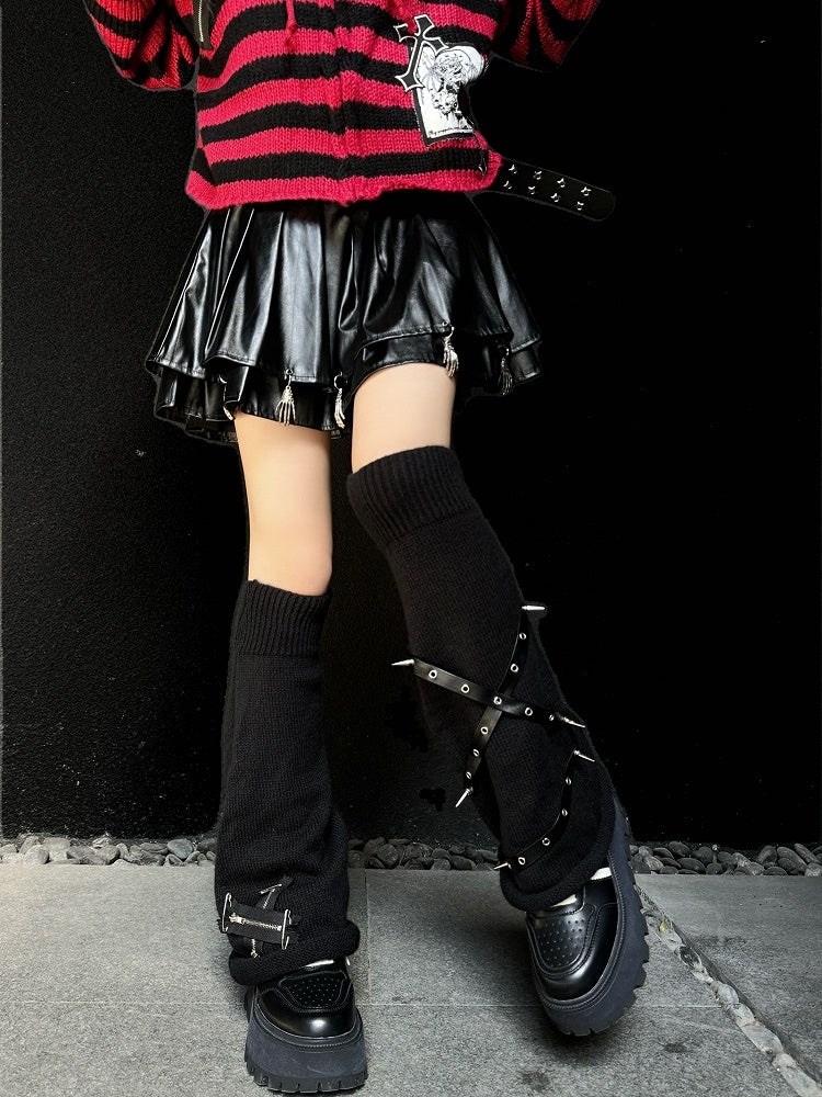 Punk Black Zippers and Criss-cross Straps Adorned Studs Knit Leg Warmers