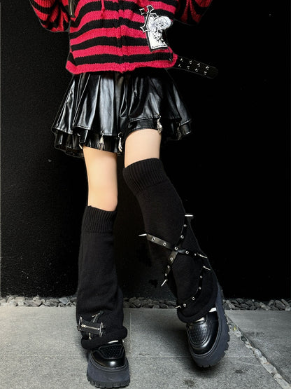Punk Black Zippers and Criss-cross Straps Adorned Studs Knit Leg Warmers