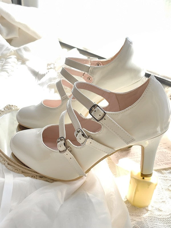 Strap Lolita White Heels Triple with Buckle Elegant Design Polished
