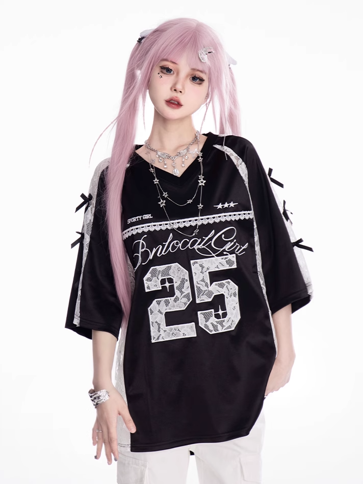 Patches Contrast Lace T-shirt Applique V-neck Satin Black/Silver Number