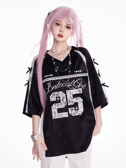 Patches Contrast Lace T-shirt Applique V-neck Satin Black/Silver Number