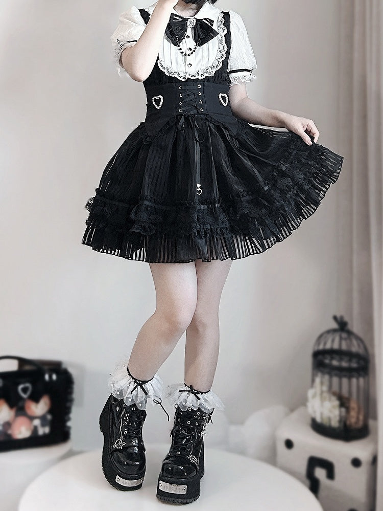 Belt Corset Stripes Skirt Waist Puffy Dress Layered Black Jirai Kei White and Lace-up with Three High