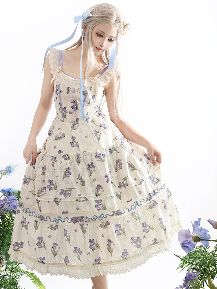 Neckline Jumper Skirt Beige Off-the-shoulder Purple Iris Embroidery