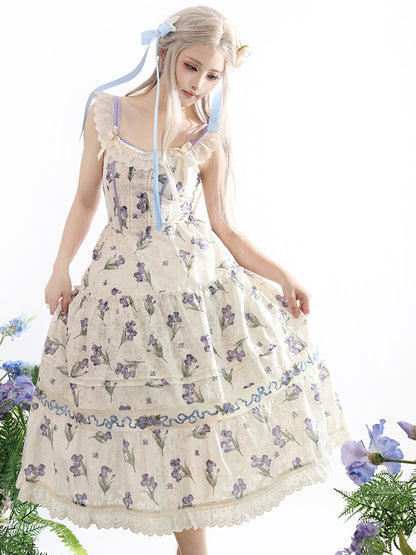 Neckline Jumper Skirt Beige Off-the-shoulder Purple Iris Embroidery