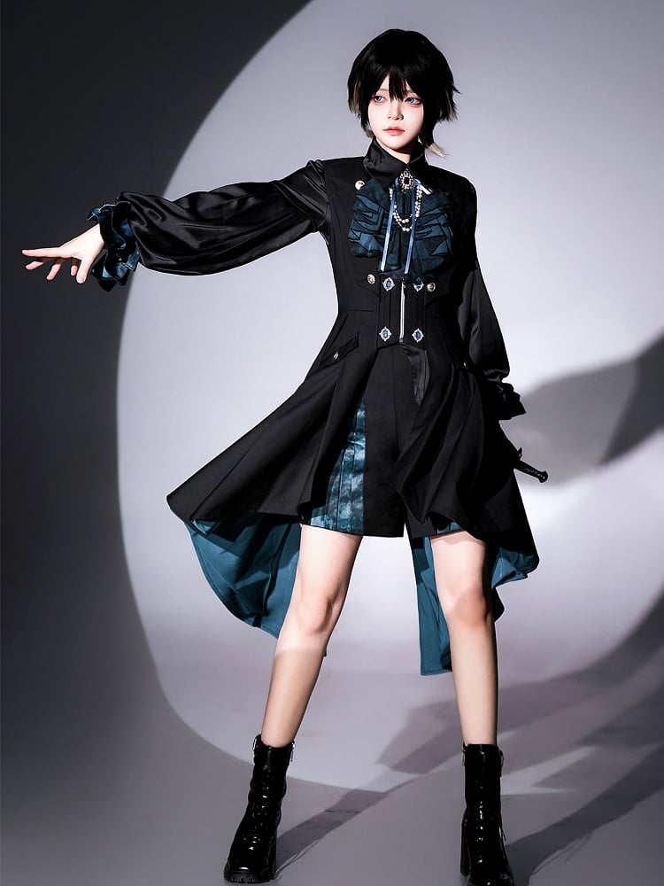 Ouji Pleated Blue and Front Straight-leg Lolita Black Shorts