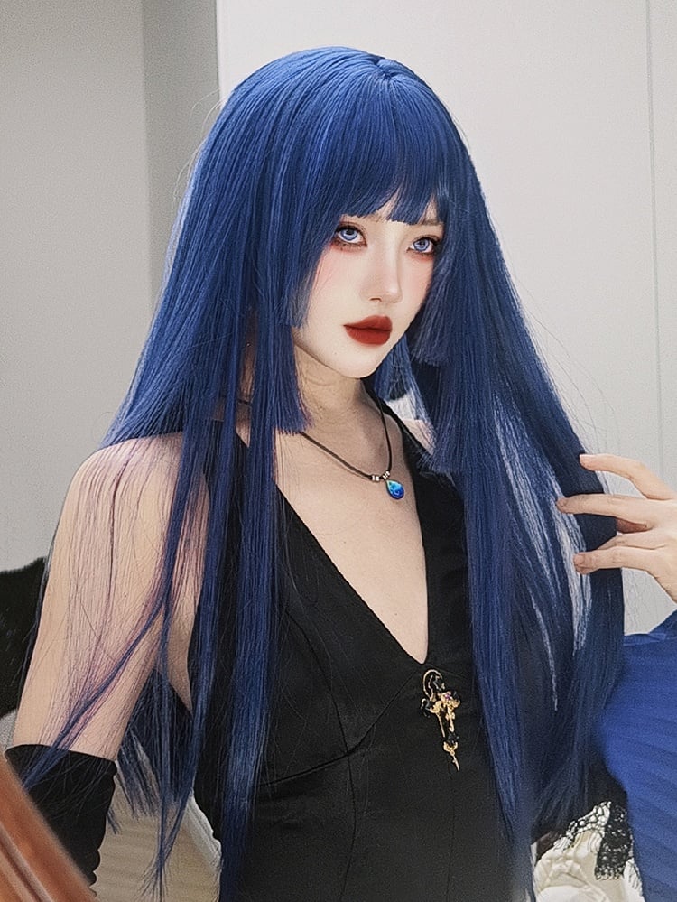 Blue Hime Cut Long Straight Synthetic Wig