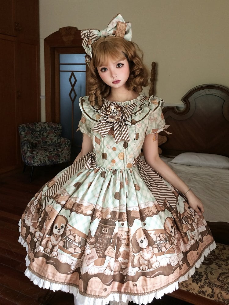Puppy and Biscuit Green Sweet Lolita Short Sleeves Dress