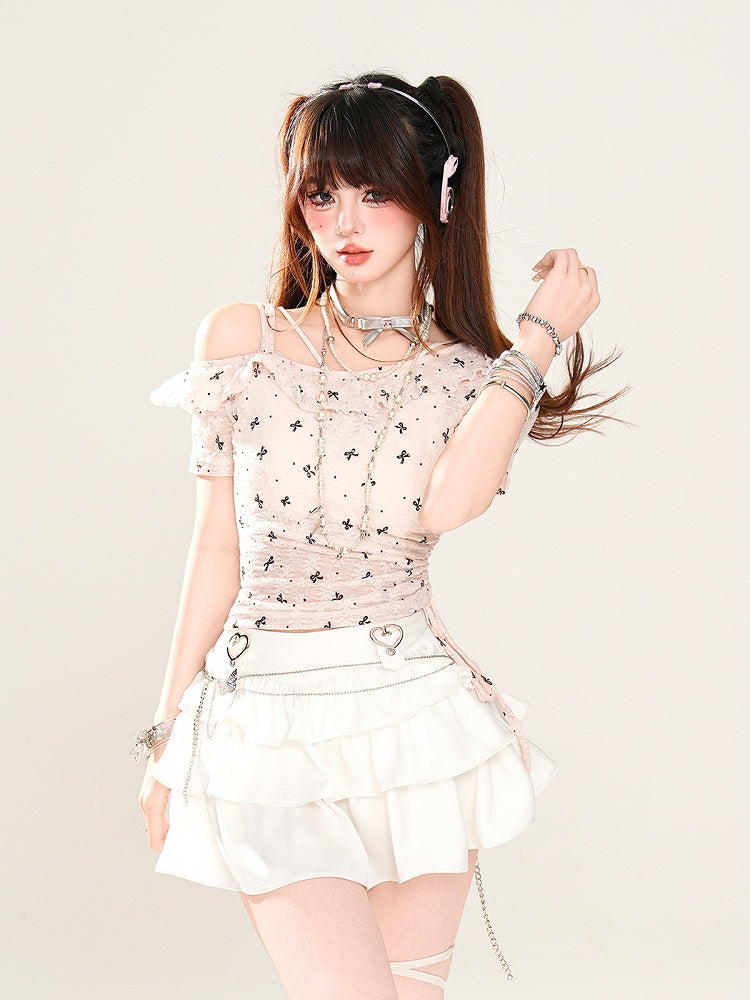 Asymmetrical Neckline Bow Print Drawstring Semi-sheer T-Shirt Pink Waist