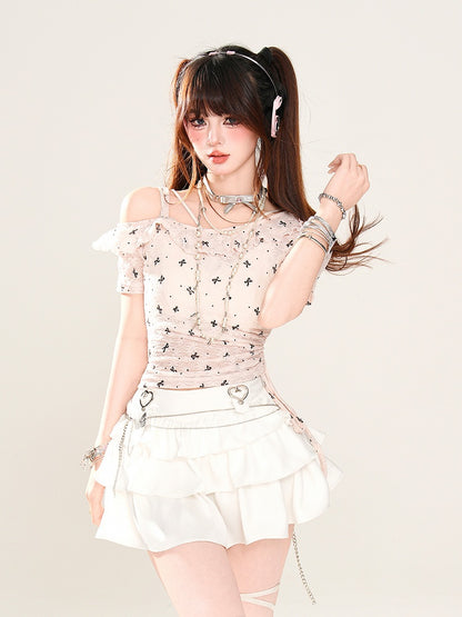 Asymmetrical Neckline Bow Print Drawstring Semi-sheer T-Shirt Pink Waist