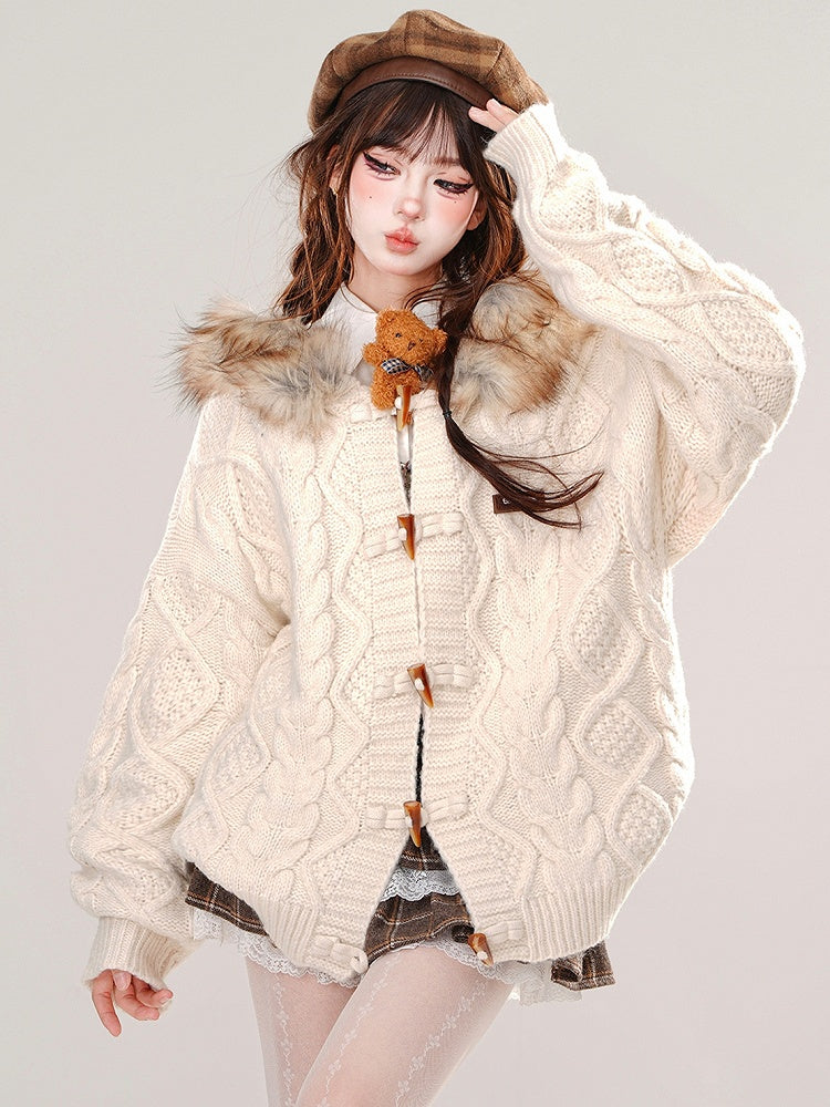 Apricot/Coffee Plush Trim Hood Loose Cardigan