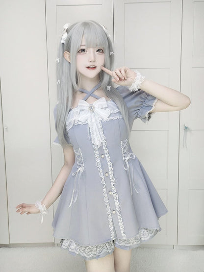 mit Dusty Dress Jirai und Kei Blue Tie Buttons Set: Neck Heart Neckholder Shorts verstellbar