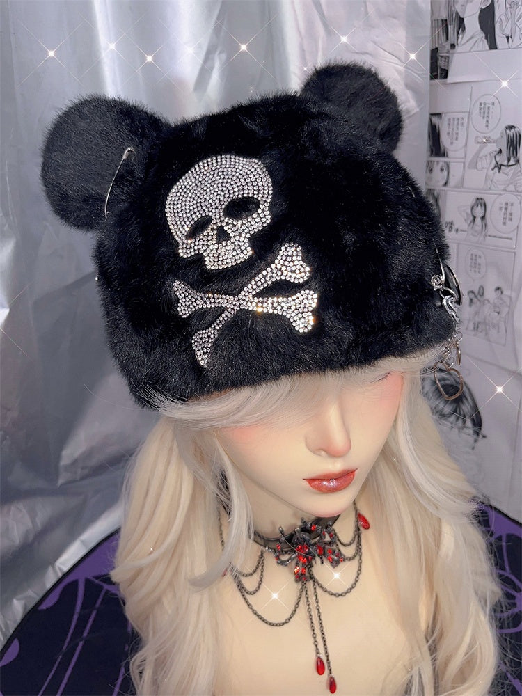 Black Skeleton Rhinestone Bear Ears Design Hat
