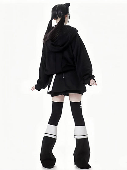 Black Buckle Straps Star Studs Zip Closure Hoodie